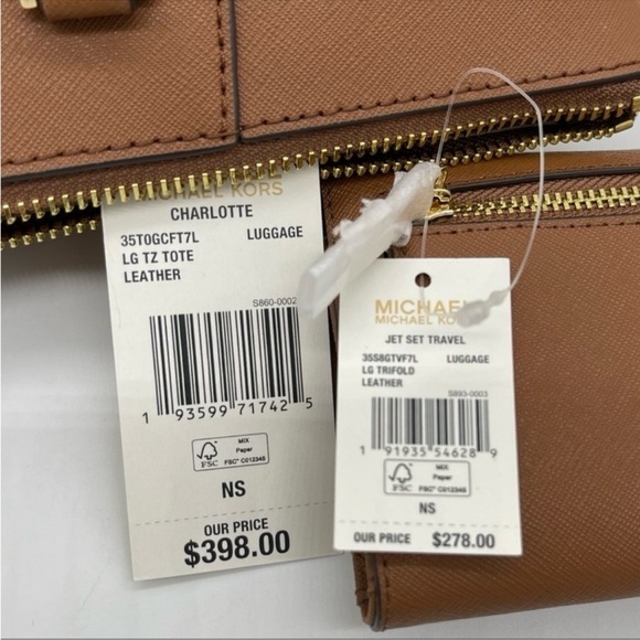 Michael Kors Large Charlotte Tote Bag & Large Trifold Wallet Luggage Brown - Picture 13 of 13